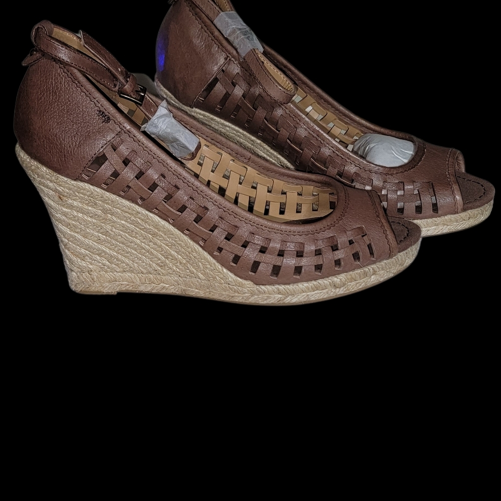 NEW Nine West Natasao Leather Espadrille Wedge Peep Toe Ankle Strap